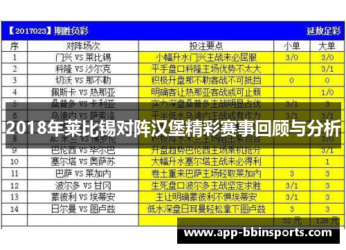2018年莱比锡对阵汉堡精彩赛事回顾与分析